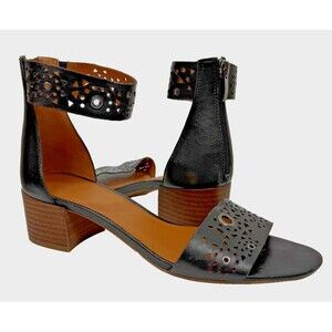 Franco Sarto Fidela Sandal 8.5 Black Leather Block Heel Ankle Strap Cut Out Shoe